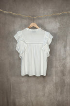 Camicia smanicata con volant in misto lino